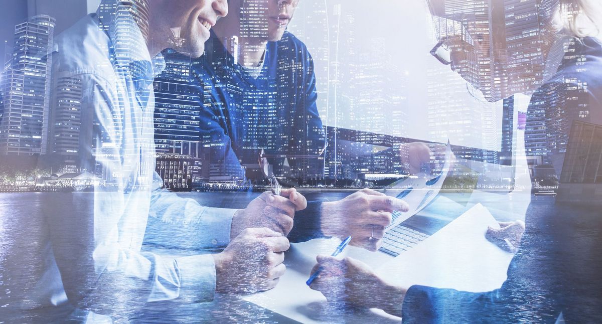 business team of coworkers working on startup in office, double exposure business team of coworkers working on startup in office, double exposure